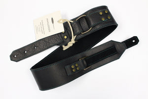 Awlgoods Hand Crafted Leather Guitar Strap Black with Green Stitching 2.5"