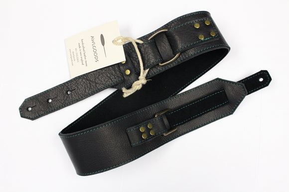 Awlgoods Hand Crafted Leather Guitar Strap Black with Green Stitching 2.5