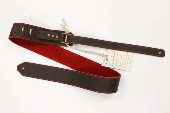 Awlgoods Handcrafted Leather Guitar Strap Dark Brown/Red with Red Stitching